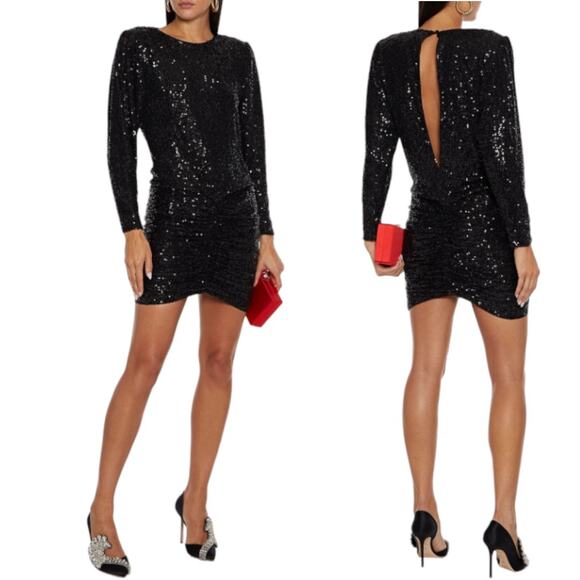 Retrofete Flynn Sequin Ruched Tulle Long Sleeve Key Hole Mini Dress Black Large - Picture 1 of 16